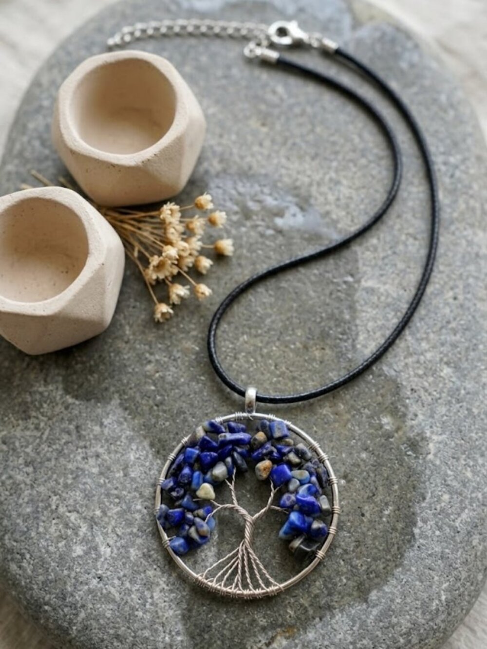 Genuine Sodalite Tree of Life Pendant Necklace Silver Wire Wrapped Mystical 2"